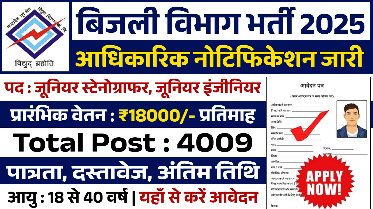 Bijli Vibhag Bharti 2025 भारत में हर वर्ष हजारों युवाओं को सरकारी नौकरी की तलाश होती है, खासकर उन नौकरियों की जिनमें स्थिर करियर, बेहतर सैलरी और सरकारी
